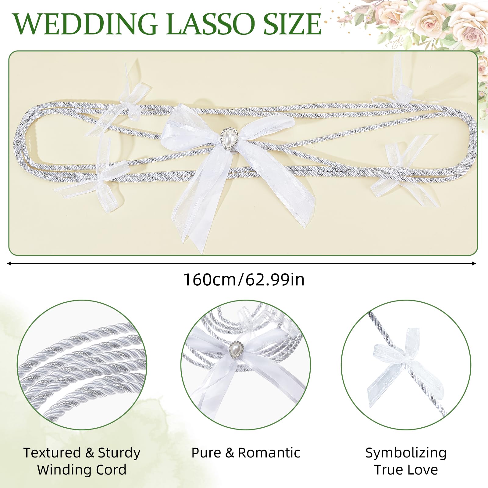NICENEEDED White 62.99 Inch Wedding Lasso Rope, Bowkont Rope Lazo Celtic Hangfasting Cord - Image 2