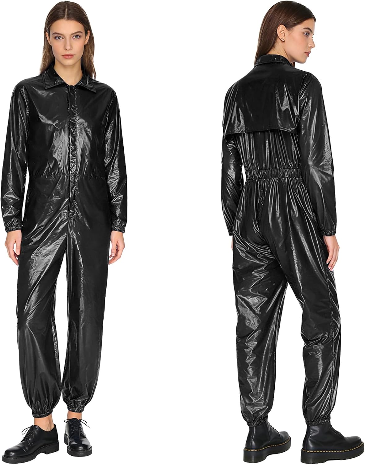 Womens Waterproof Coveralls Rainwear Turn-Down Collar Long Sleeve Overalls Workwear Black Medium