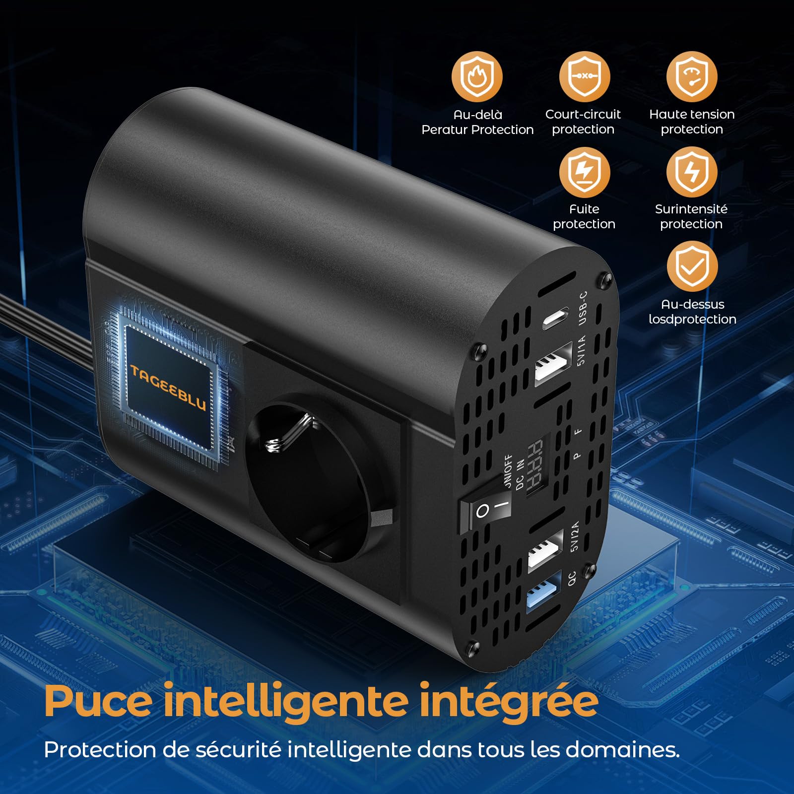 300w convertisseur 12v 220v, onduleur 12v 220v avec 1 Prise, Type C 30W, Charge Rapide USB 25W, 3 Ports USB, Affichage LED