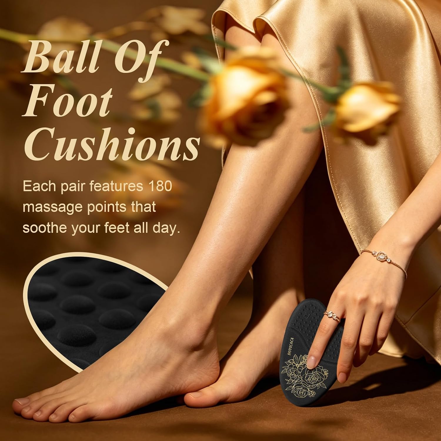 Metatarsal Pads for Women: Ball of Foot Cushions (2 Pairs) - Heel Inserts for Women, Non-Slip Heel Pads - Foot Pain Relief and Comfort, One Size Fits (Black Gold)