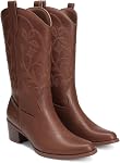 DREAM PAIRS Women's Cowboy Boots Embroidery Western Cowgirl Boots V Cut Chunky Heel Mid Calf Boots Vintage Fashion Stitched Boots for Music Festivals