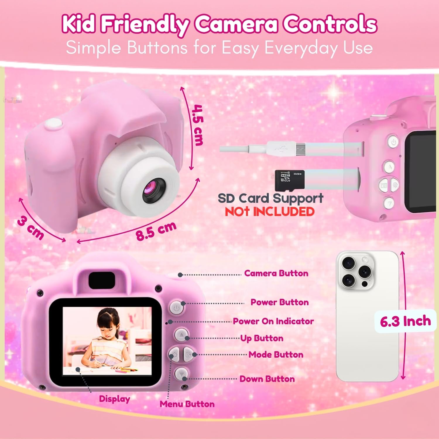Toy Imagine Kids Digital Camera 3.0MP &1080p Video Photos 2-Inch Screen, USB Rechargeable & Portable Fun Mini Toy Camera for Boys & Girls Age 3–12 Educational Birthday Gift Supports 32GB SD Card(Pink) — Amazon image 2