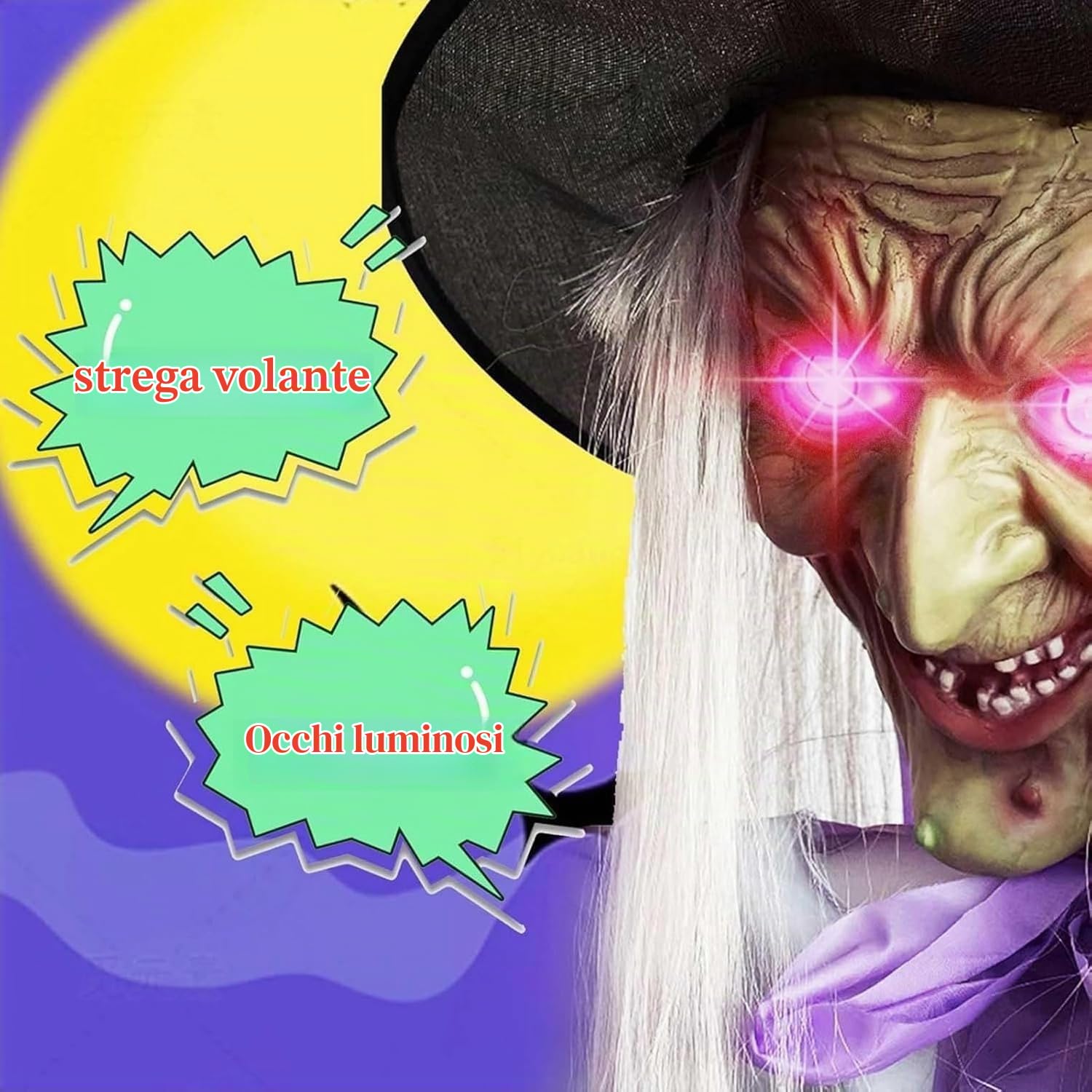 Decorazioni di Halloween per esterni, 200 cm, strega animata in bilico Animatronics, sensore attivato dal suono e dal tocco, oggetti di scena spaventosi per la casa, esterni, giardino, cortile, prato