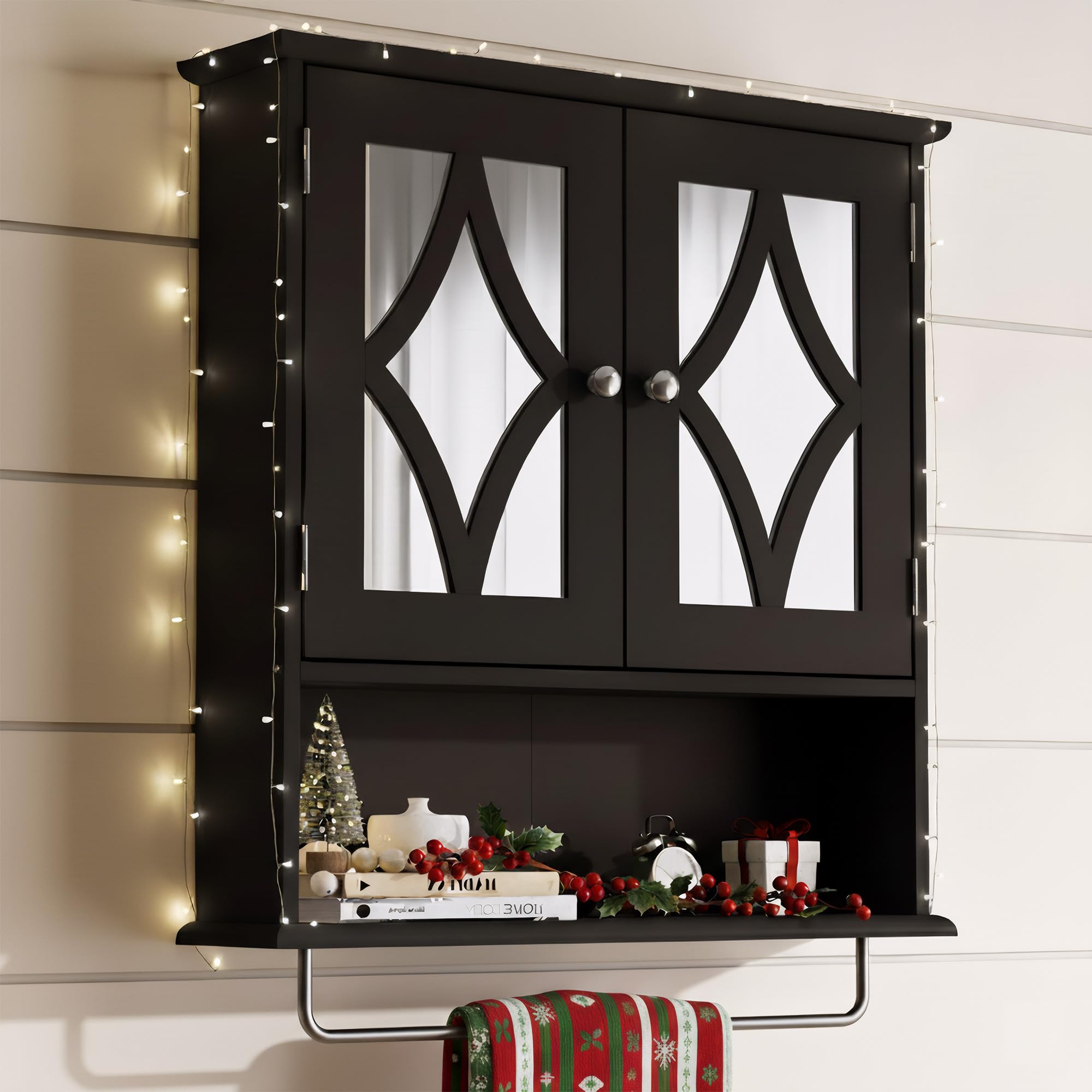 RoyalCraft Bathroom Medicine Cabinet Wall Mounted, Over The Toilet Storage Cabinet with Towel Rack and Adjustable Shelf, Large Bathroom Towel Cabinet Wall Mount 22x25 inch (Black)