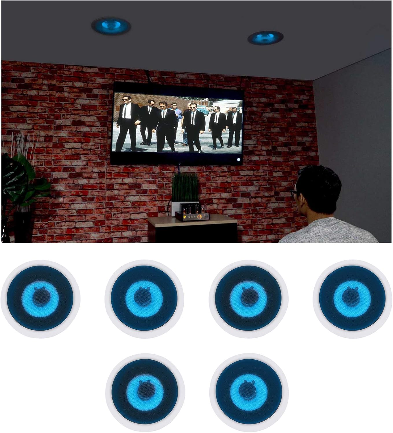 Rockville HC65B-LED 6.5" 2-Way 500W Peak/160W RMS per Pair in-Ceiling Home Theater Speakers with Blue LED, Kevlar Cone, Swivel Tweeter, Paintable Grills, 6-Piece