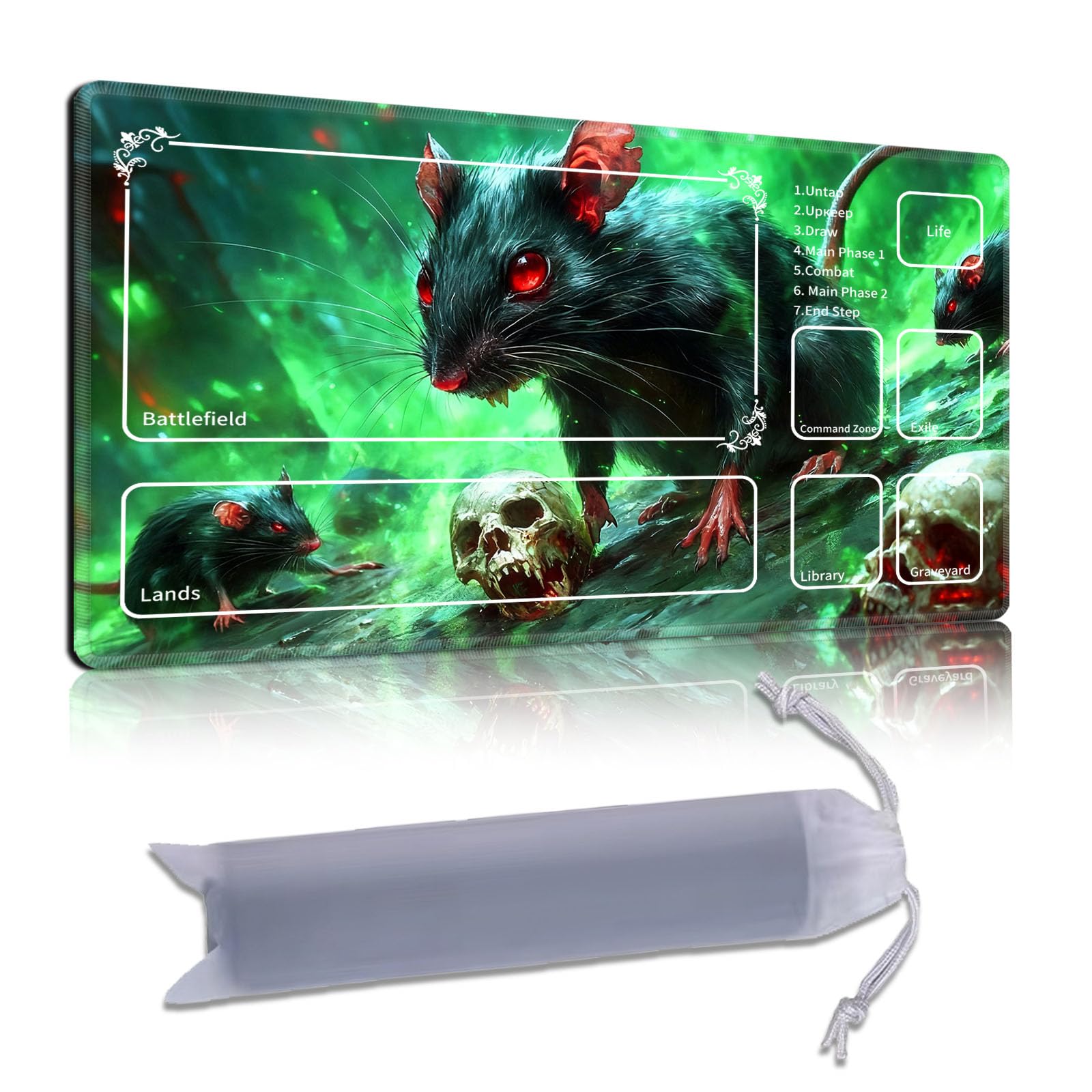 DISUOFEART Playmat for MTG & Magic: The Gathering with Zones, 28x16 inch Non-Slip TCG Game Mat for Commander, Giant Black Rats with Red Eyes Skulls Card Game Table Mat