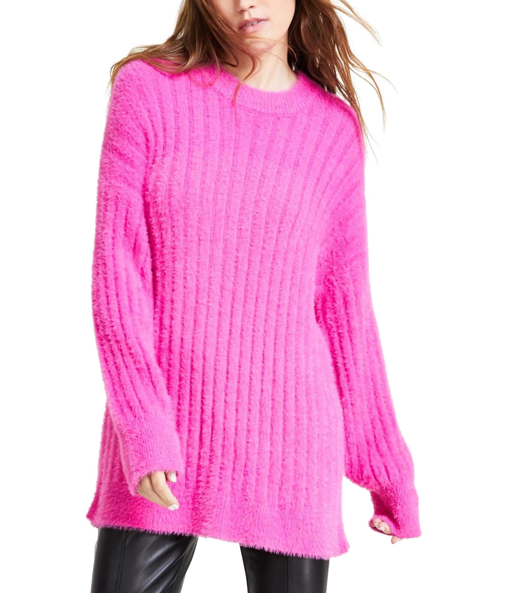 Womens Ribbed-Knit Eyelash Pullover Sweater Pink Juniors X-Small