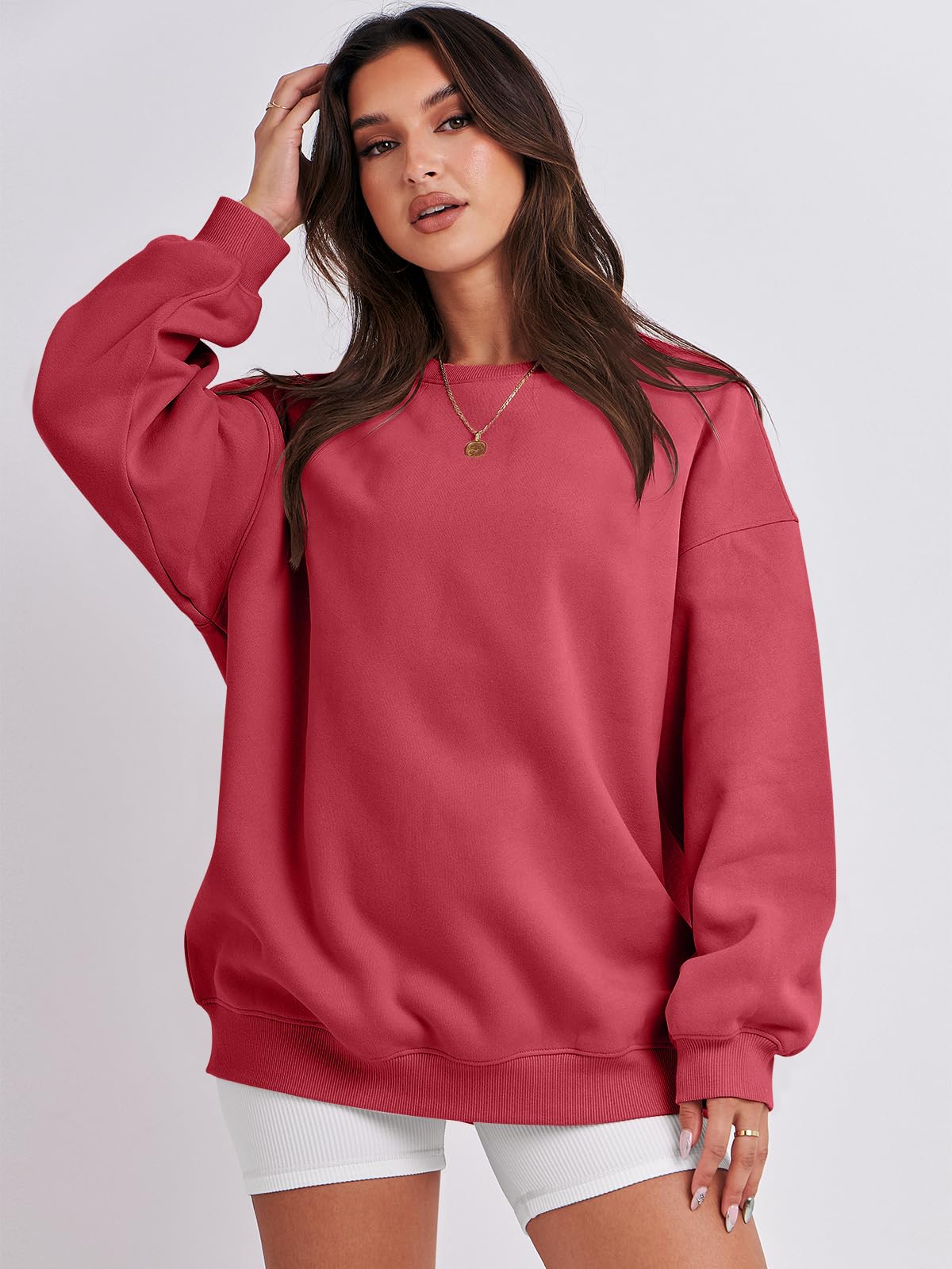 Damskie bluzy oversize bluzy z kapturem polar okrągły dekolt sweter top codzienne jesienne stroje preppy ubrania nastolatki 2024 A1019 światło, Jeden kolor, Peachy_M