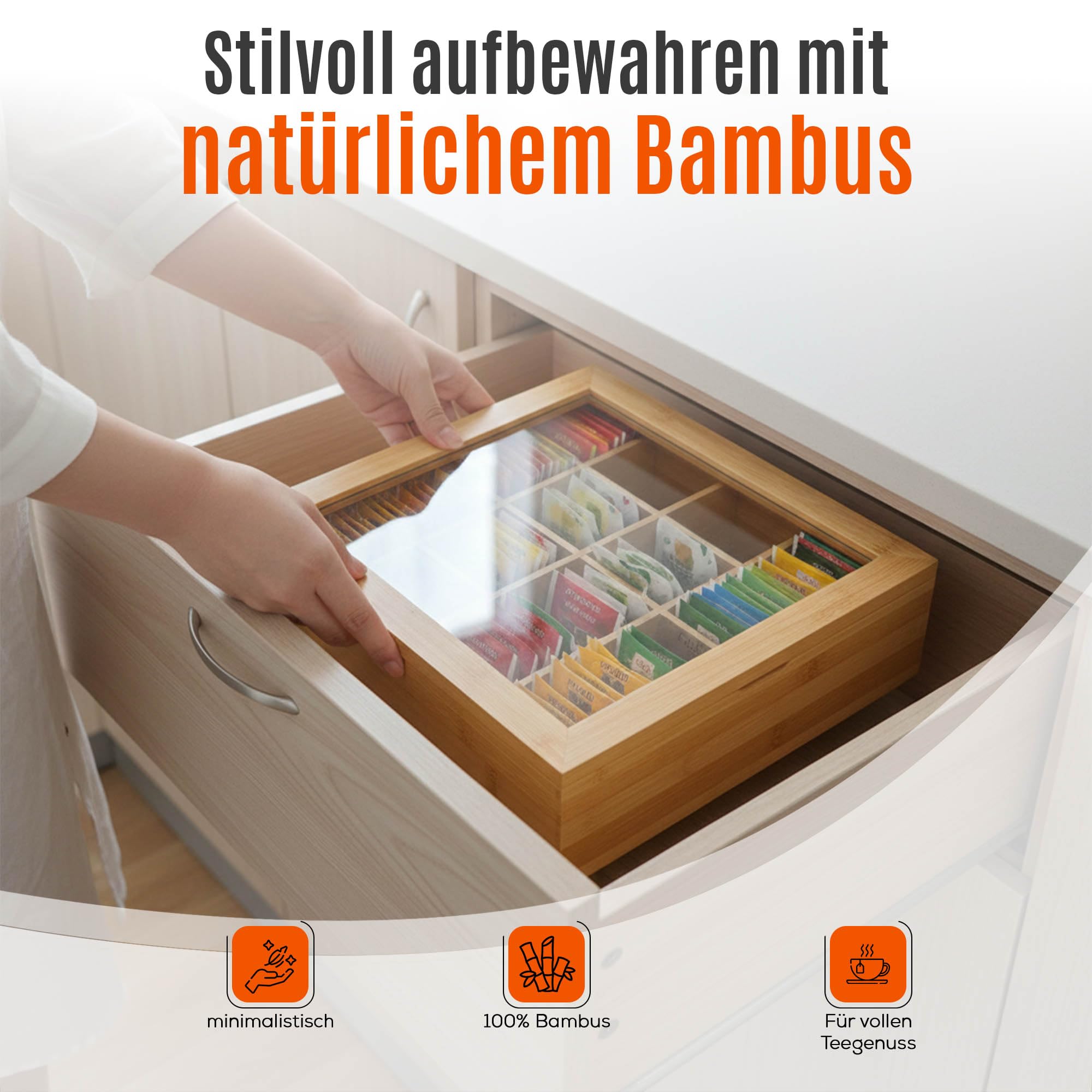 AH® Teebox aus Bambus mit 12 Fächern – Teekiste zur Teebeutel Aufbewahrung mit Sichtfenster & Magnetverschluss, HBT: 9 x 29 x 24 cm, Natur