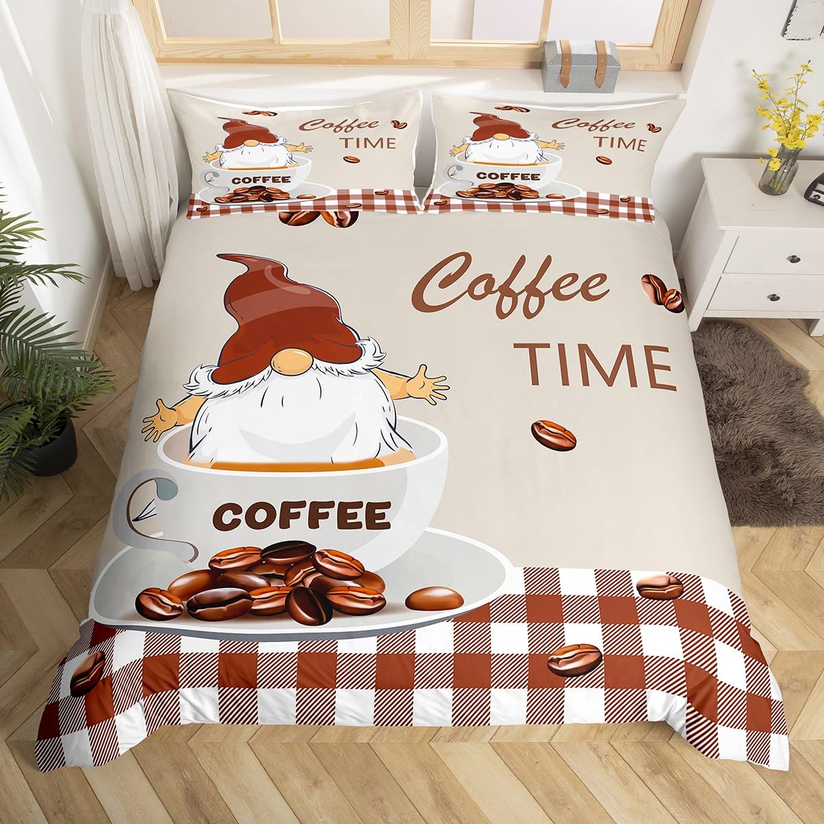 Manfei Cute Gnome Kids Duvet Cover Set King Size, Coffee and Cup Comforter Cover - Image 3