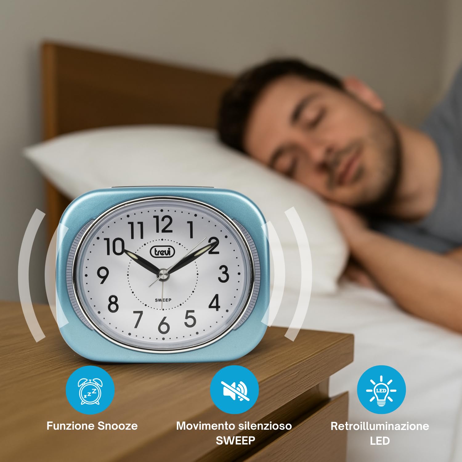 Trevi SL 3040 Sveglia Analogica Silenziosa con Retroilluminazione LED e Ampio Quadrante, Movimento SWEEP Senza Ticchettio, Funzione Snooze, Funzionamento con Batteria Stilo AA, Facile Utilizzo, Blu