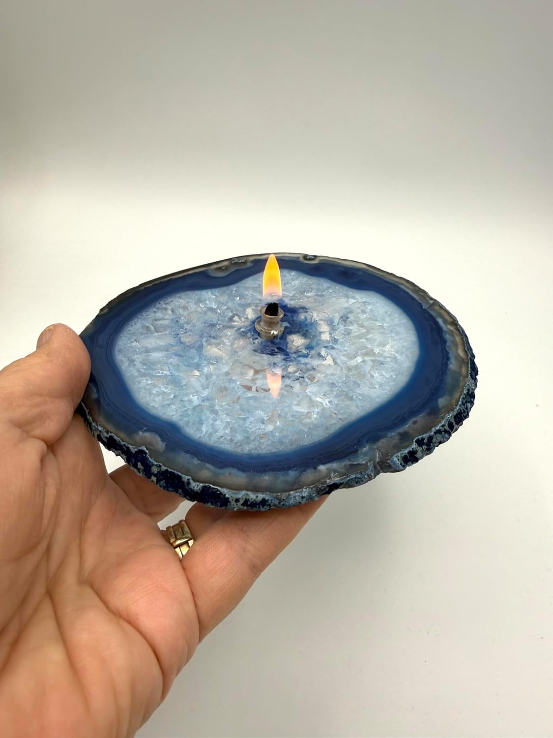 Blue Agate Rock Oil Candle 5"x5.5" | Handmade Crystal Refillable Agate Oil Lamp #4709