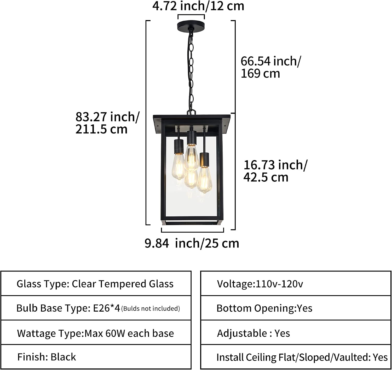 Large Outdoor Pendant Light Fixtures 4-Light Black Exterior Hanging Lantern with Clear Glass Outside Chandelier for Porch Front Door House Front Porch Entrance Foyer Entryway(Bulb Not Included)