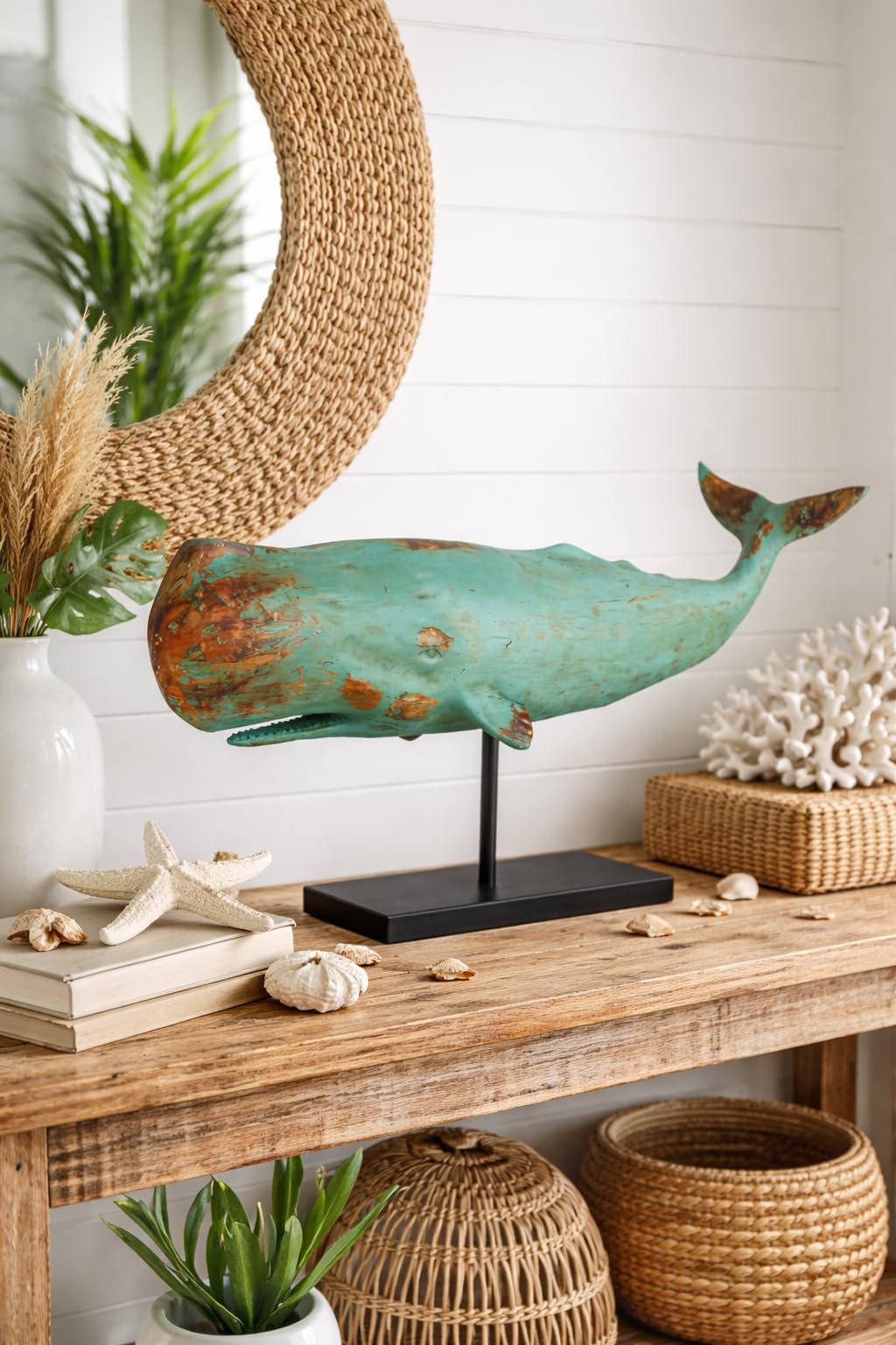 Wal Walfisch Fisch Dekofigur Statue Skulptur Standfuß Polyresin Modern - Maritime Deko für Wohnung in Holz-Optik - Dekoration für Wohnzimmer, Schlafzimmer oder Badezimmer - XXL 77x17,5x38,5 cm