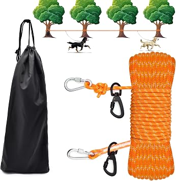 Dog Tie Out Cable for Camping, 100ft Reflective Overhead Trolley System for 2 Dogs, Portable Dog Hitching Lead up to 300lbs, Dogs Runner for Yard Camping Training Running Hiking Outdoor