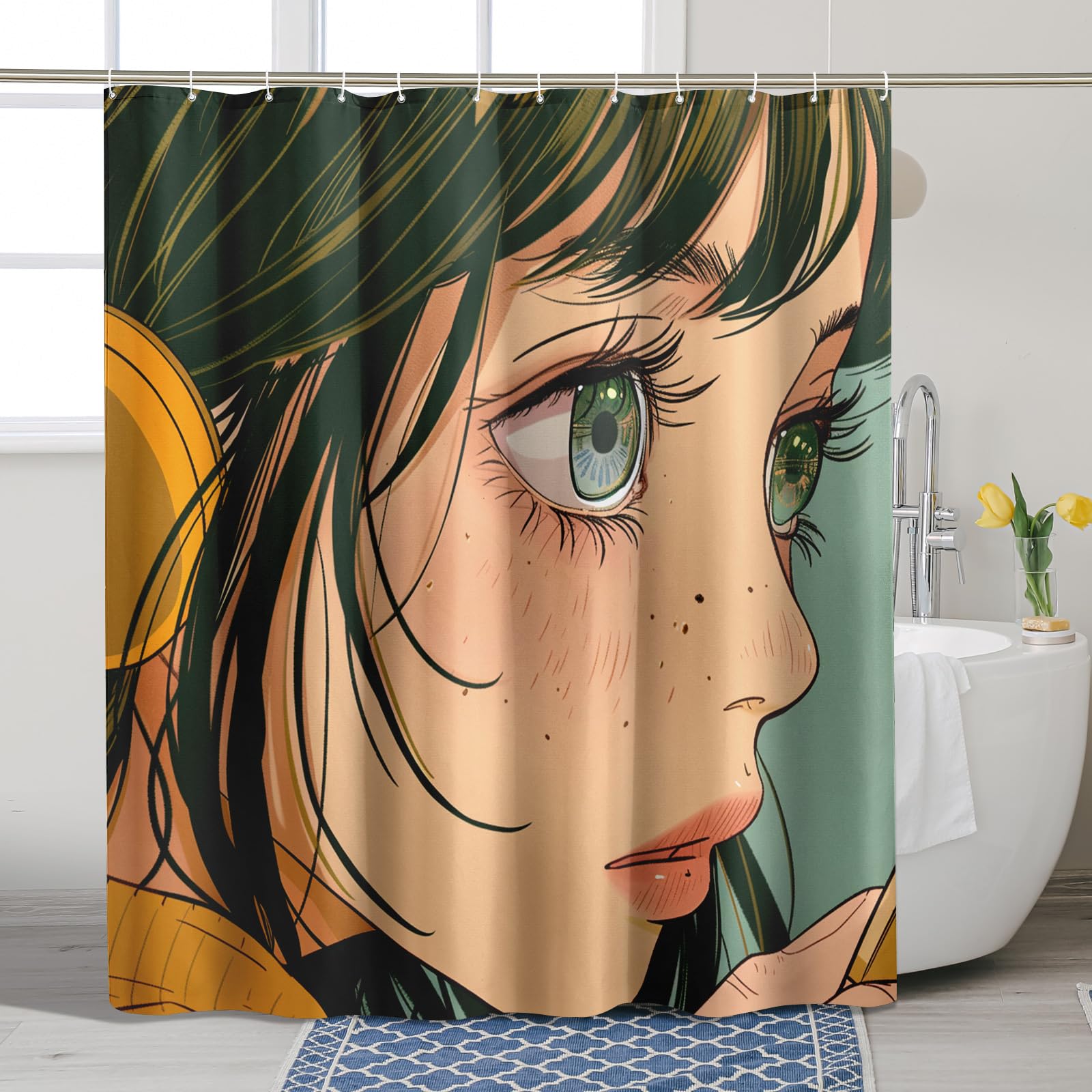 Anime Shower Curtain, Green Beige Anime Girl in Headphones Shower Curtain with Hooks, Spring Modern Minimalistic Waterproof Fabric Shower Curtain for Bathroom Decor 62x72 Inch