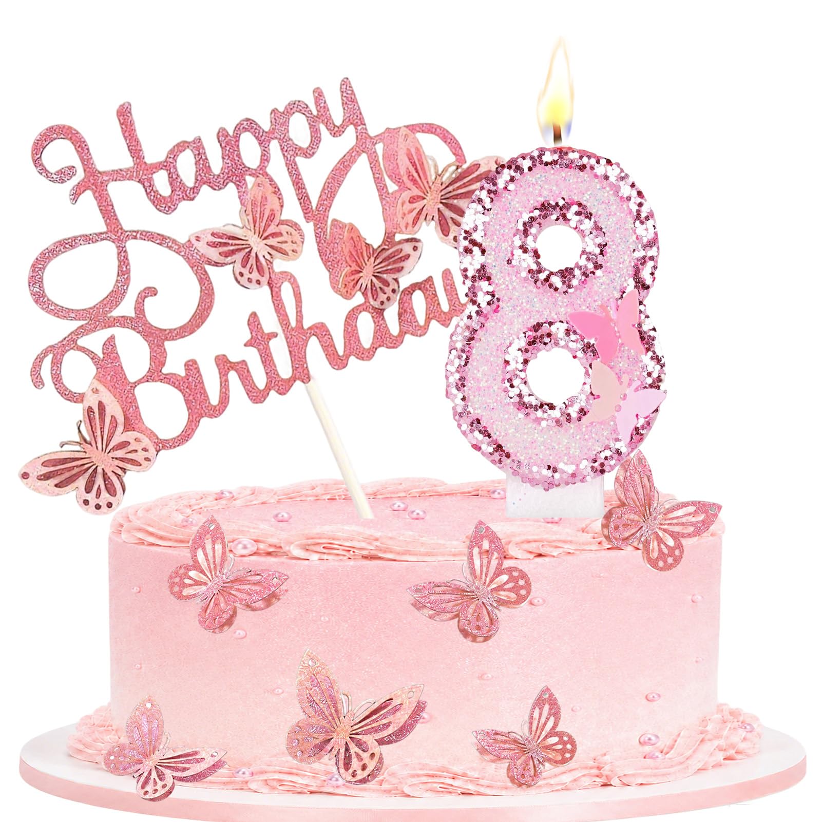 Birthday Candle with Pink Butterfly Cake Topper for Party, Number 8 — image 1