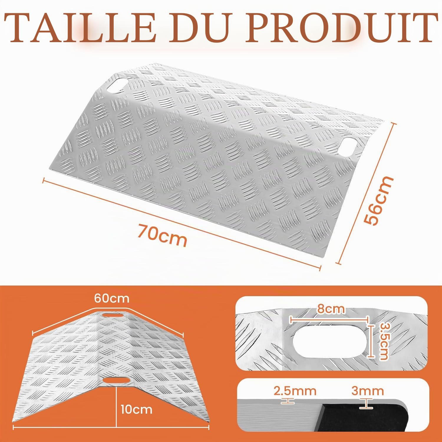 Rampe de seuil en aluminium - Charge maximale : 270 kg - Rampe antidérapante avec poignée - 60 x 70 x 10 cm