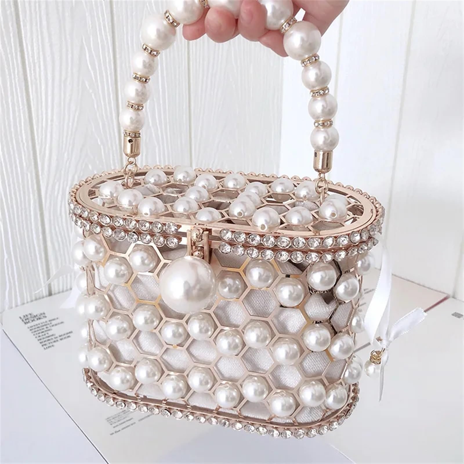 Borse Serali per Donna Borsa a Mano e Portamonete di Perle for Donna Borsa a Mano for Festa di Nozze Traforata Borsa da Sera con Manico in Metallo e Strass(Black)