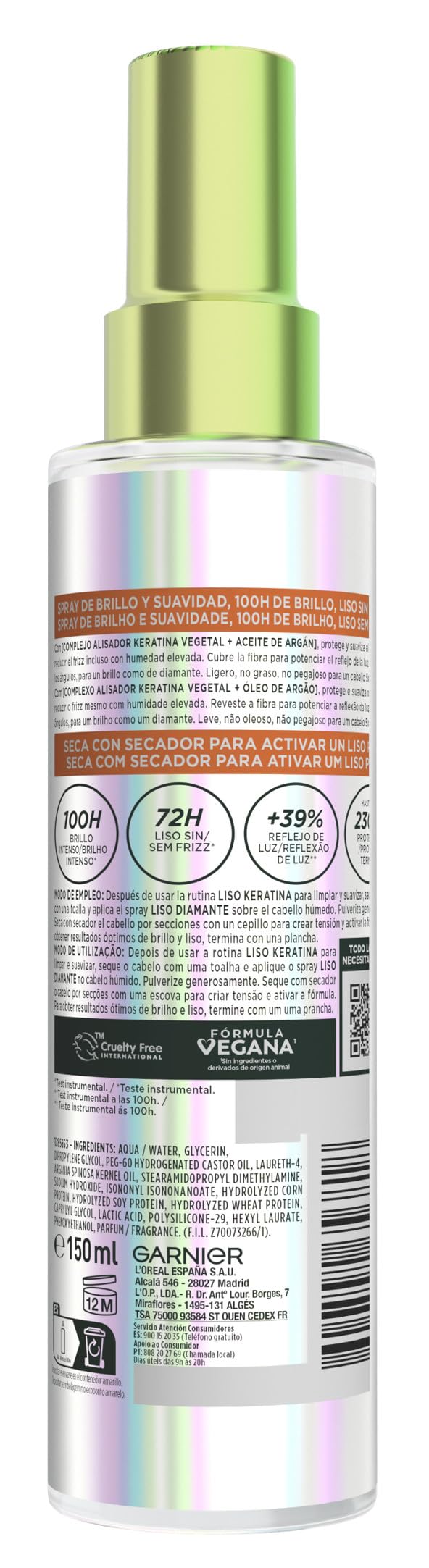 2 x Garnier Fructis Liso Diamante Spray de Brillo y Suavidad, 100H de Brillo Intenso*, Liso sin Frizz. Con complejo alisador de keratina vegetal y aceite de argán. Aprobado por Cruelty 150ml