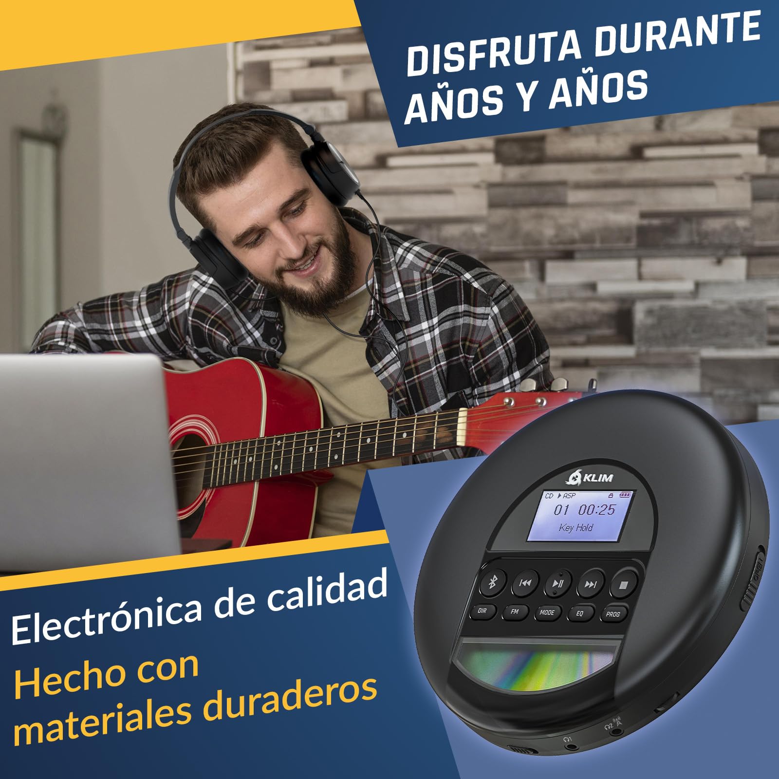 KLIM Nomad Reproductor CD portatil con batería Interna de Larga duración - Incluye Auriculares - CD Player Mini Compacto, Personal, Compatible con CD-R, CD-RW y MP3 [Nuevo] | Auriculares incluidos, doble puerto de audio, tarjeta TF, radio FM, protección a