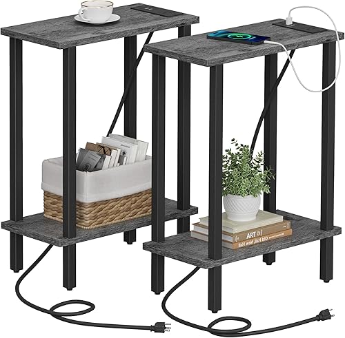 Miniatura 25 de TUTOTAK - Mesa auxiliar pequeña con estación de carga; mesa lateral estrecha con puertos USB y tomas de corriente, juego de 2; mesa de sofá delgada,