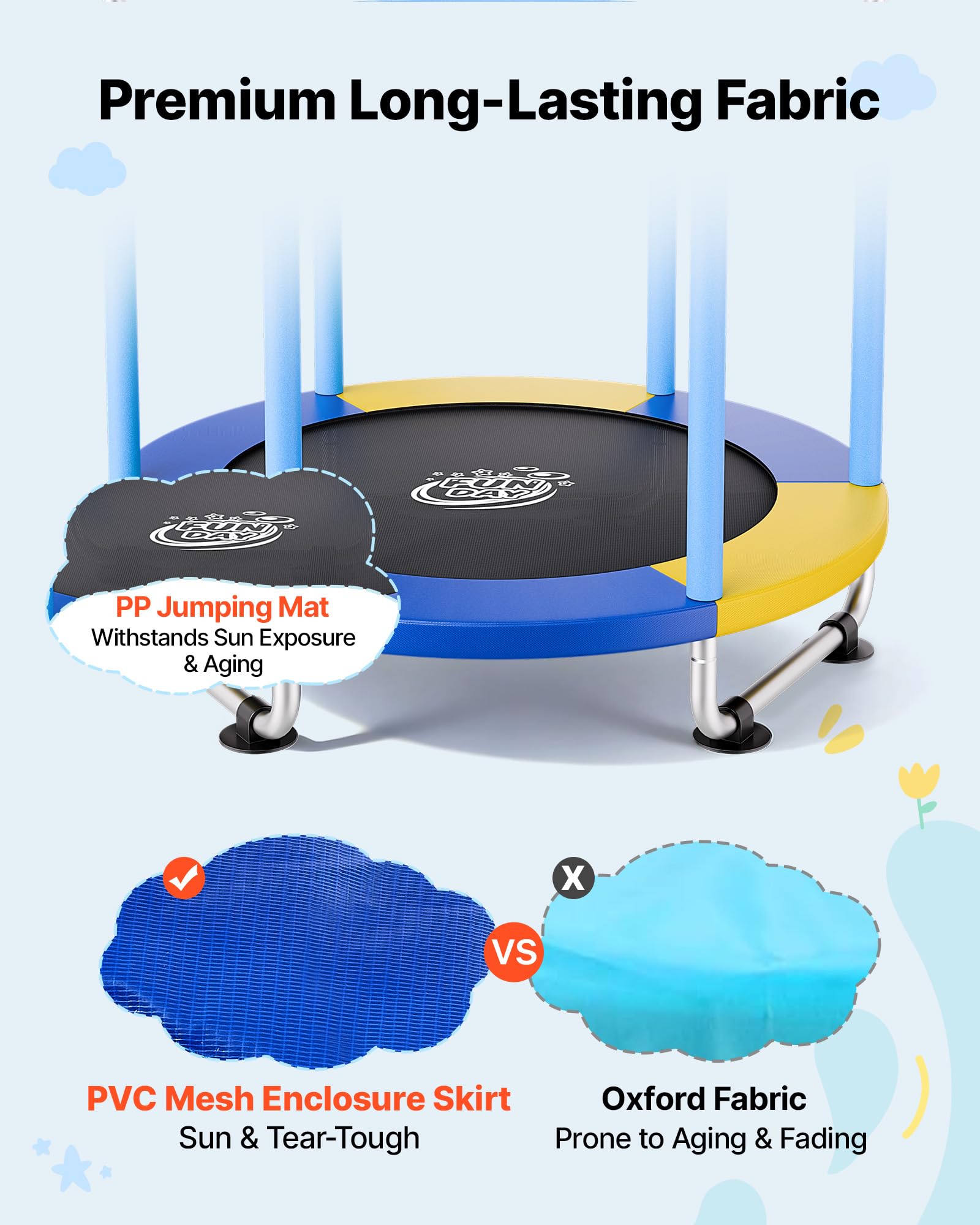 VEVOR Trampolino Elastico per Bambini Carico 60kg con Rete di Protezione, Mini Trampolino Tappeto Elastico Integrato in PVC per Rimbalzo Manubrio a 3 Livelli Rete di Protezione per Bambini 3-12 Anni