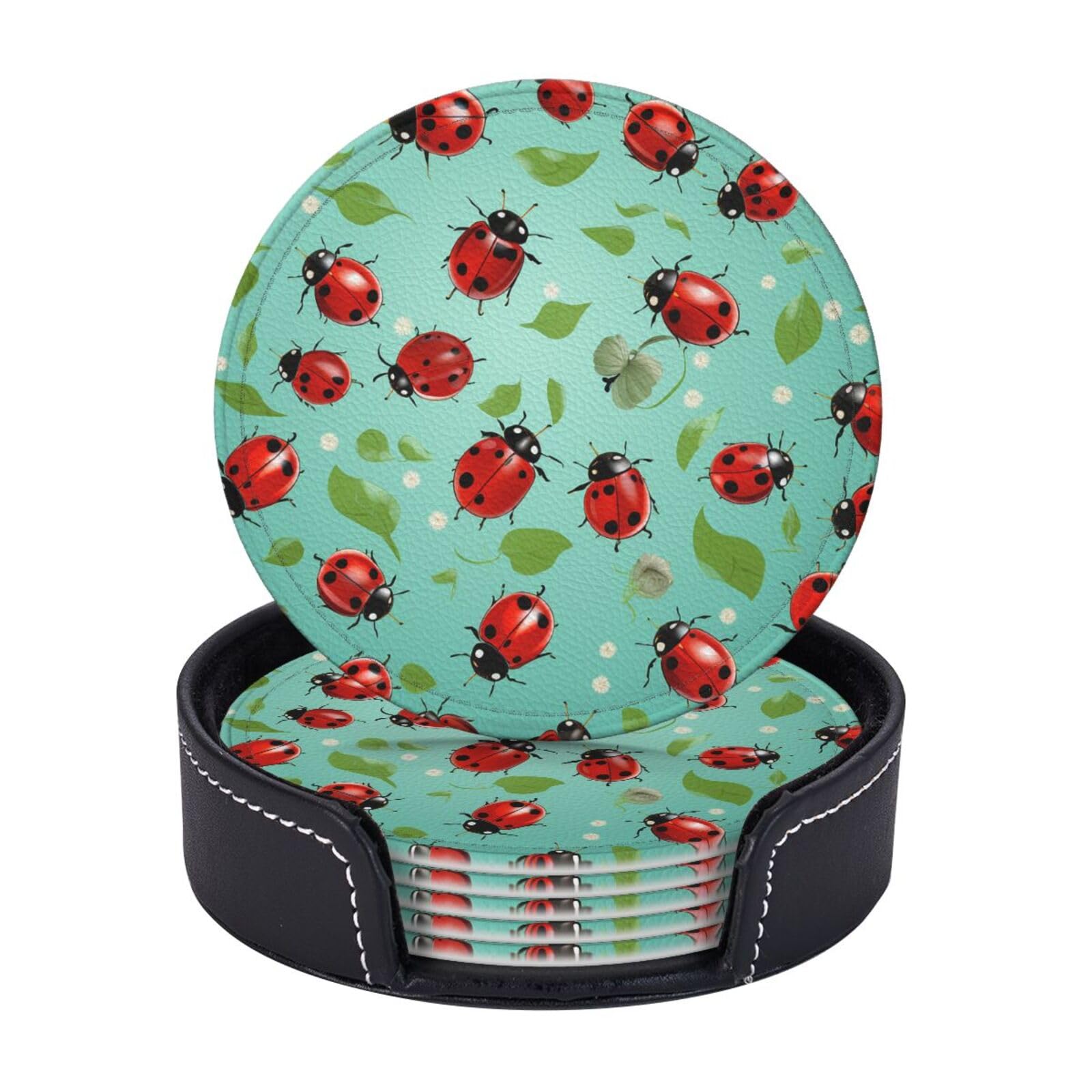 6Pcs PU Leather Coaster for Drinks, Red Ladybugs Cup Coasters with Holder, Aesthetic Drink Coasters for Coffee Table, Round Coaster for Tabletop Protection 4" Cup Mat Pad