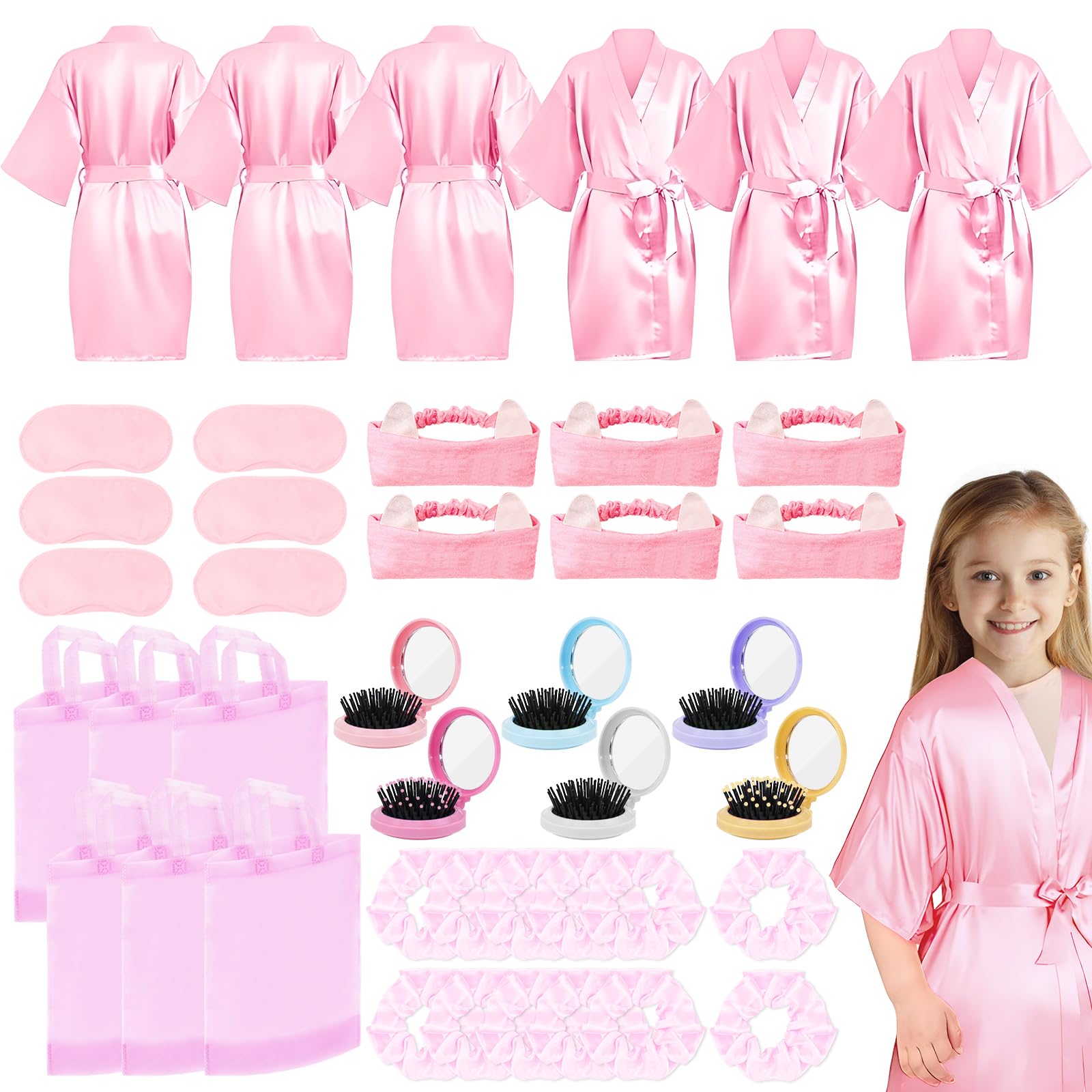 6-teiliges Spa-Partyzubehör für Mädchen, inklusive 6 Bademäntel, 6 Masken, 6 Stirnbänder, 6 faltbare Mini-Haarbürsten, 6 Tragetaschen und 12 Haargummis für rosa Übernachtungsparty, Hochzeit