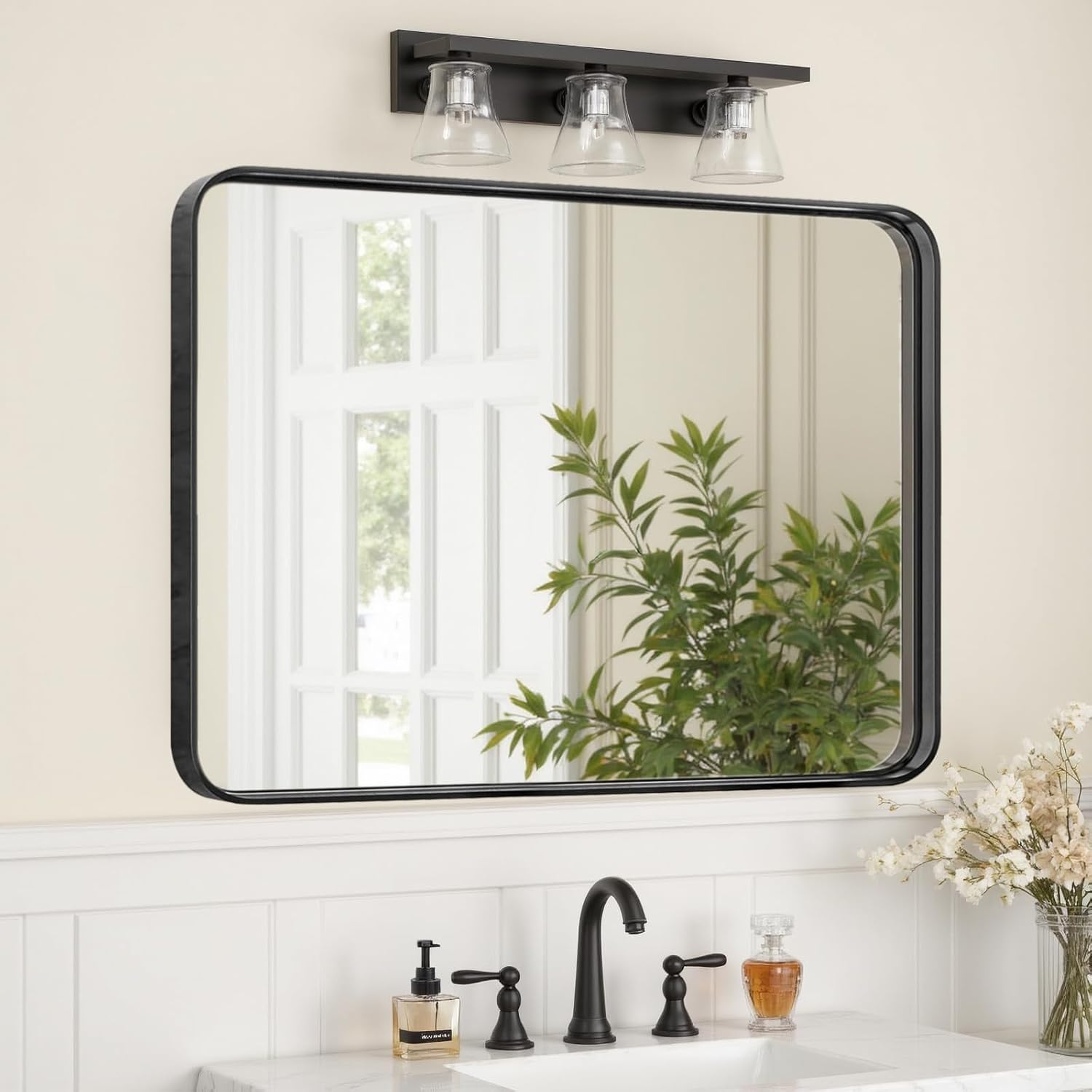 sweetcrispy bathroom mirror 36x24 inch black metal framed rounded rectangle vanity mirror for wall, over sink, farmhouse, restroom, anti-rust, modern decorative, horizontal or vertical hanging black 24"l x 36"w