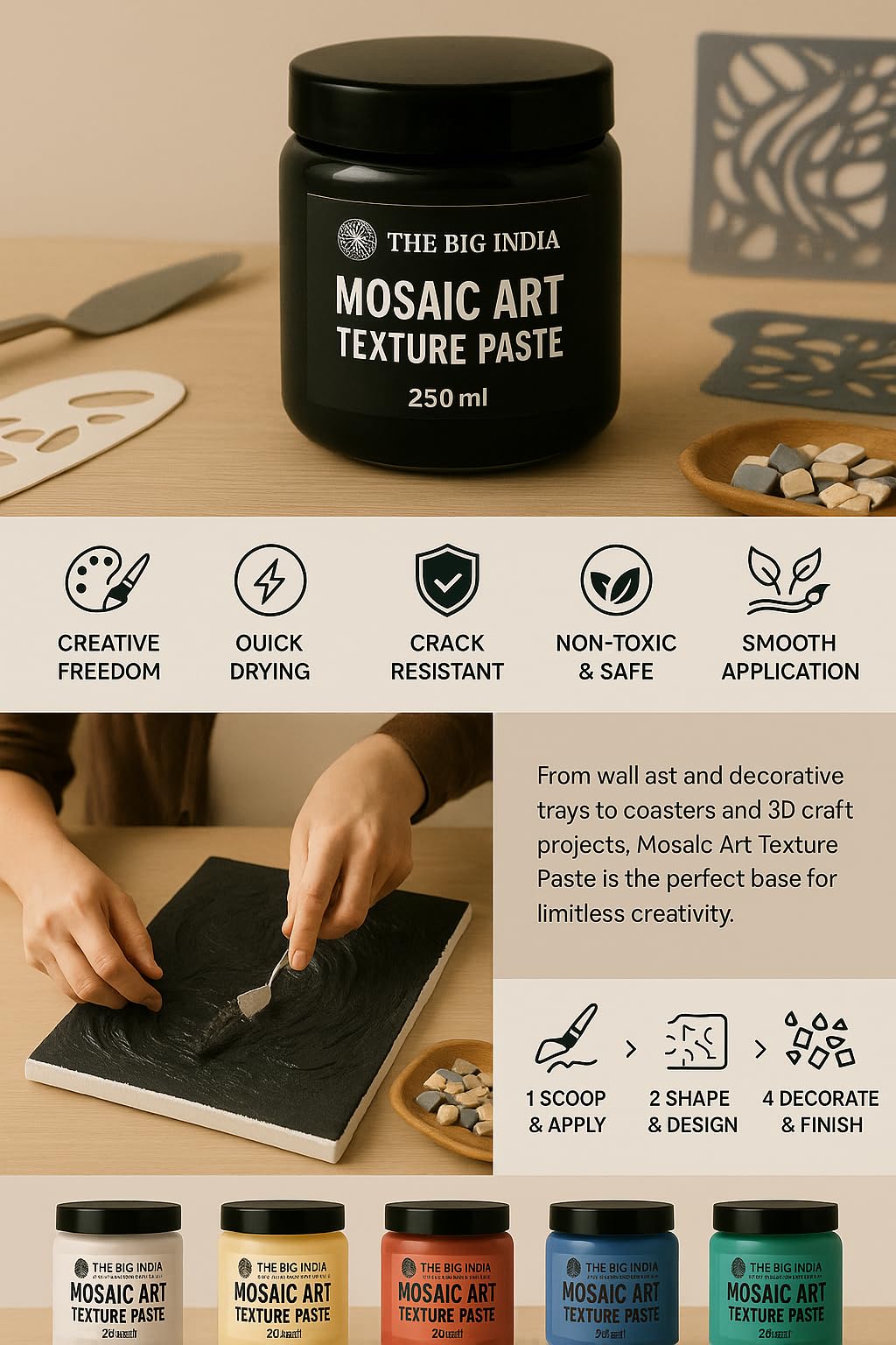 Mosaic Art Texture Paste – Premium White Paste for Creating Textured Surfaces | Smooth, Quick-Dry, Non-Toxic Medium for DIY Mosaic, Mixed Media & Home Décor Projects (WHITE) 2
