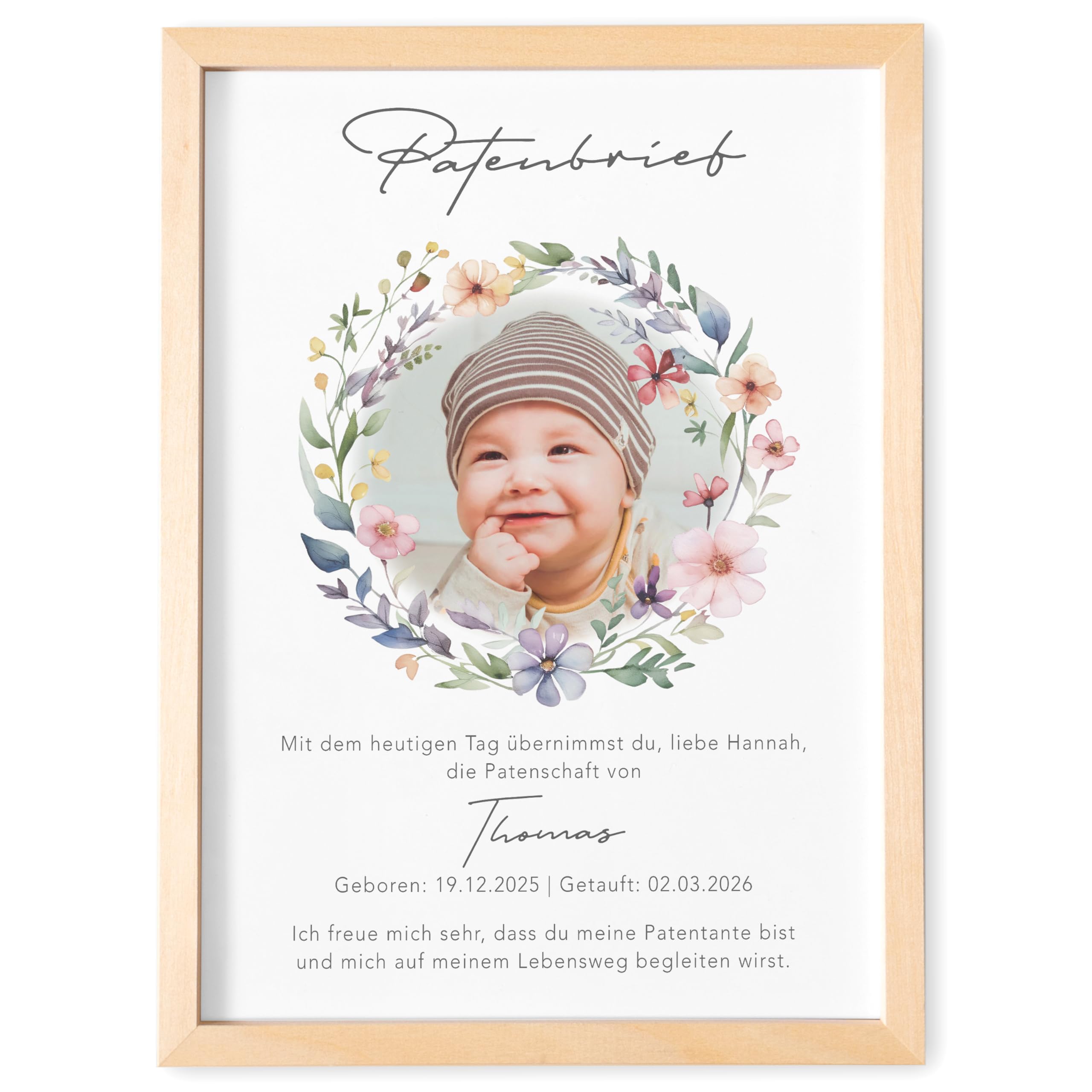 DEL MÀ Unique & Personal Patenbrief für Taufpaten personalisierte Patenurkunde mit Foto Geschenk für Patentante Patenonkel zur Taufe Taufgeschenk Paten (mit und ohne Rahmen) (Wildblumen)