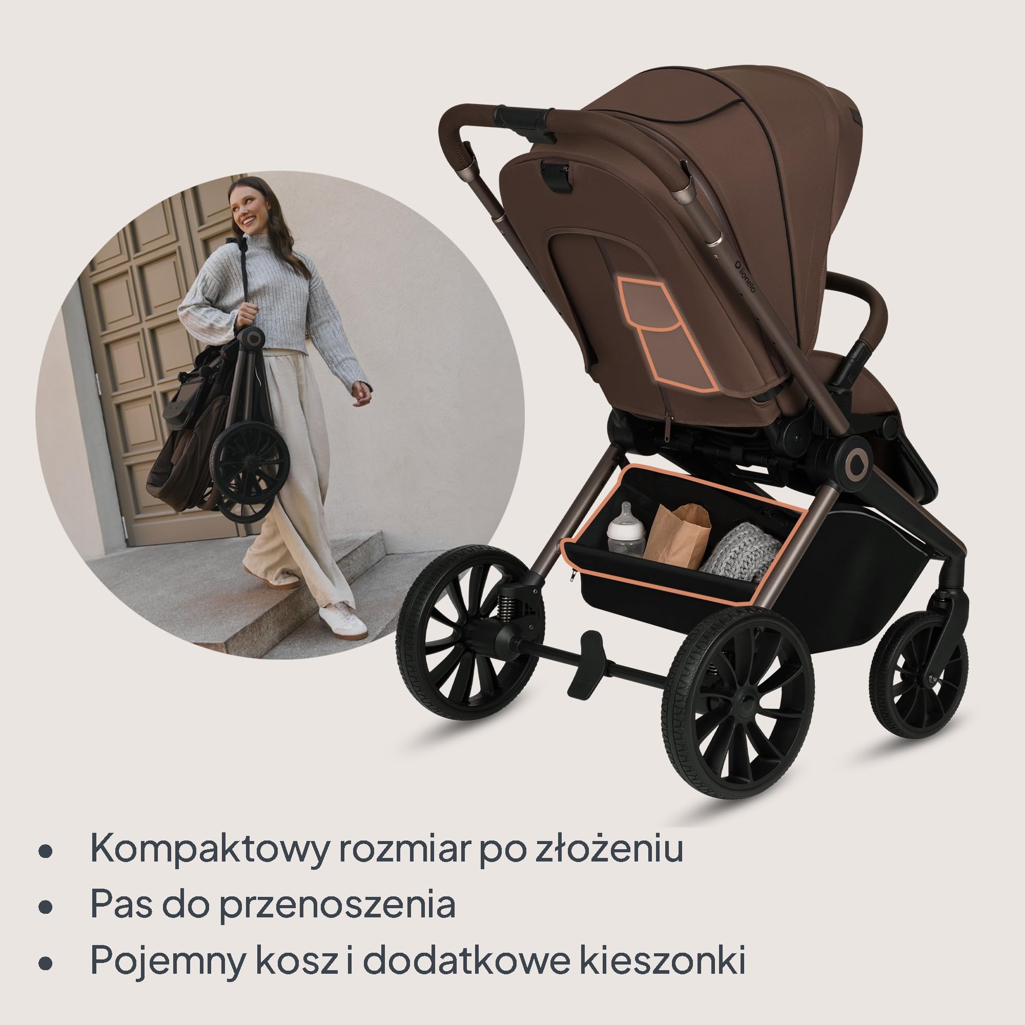 LIONELO Mika wózek 3w1 zestaw spacerówka, gondola i fotelik samochodowy, funkcja nosidełka, w zestawie moskitiera, pokrowiec na nóżki, folia przeciwdeszczowa, gumowe koła, lekka konstrukcja