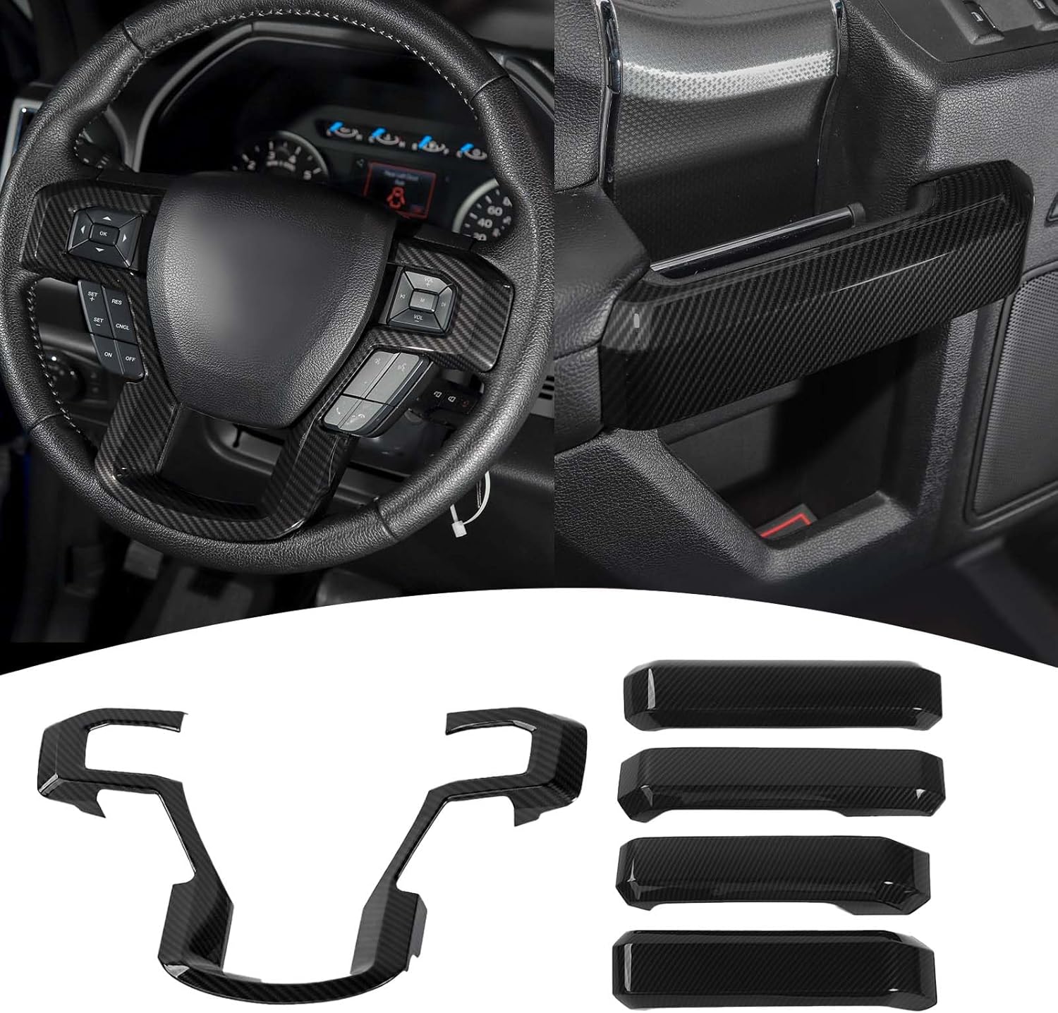 for F150 Inner Door Grab Handle Trim Cover Steering Wheel Panel Trim for Ford F150 2015-2020 Carbon Fiber Interior Accessories 5pcs