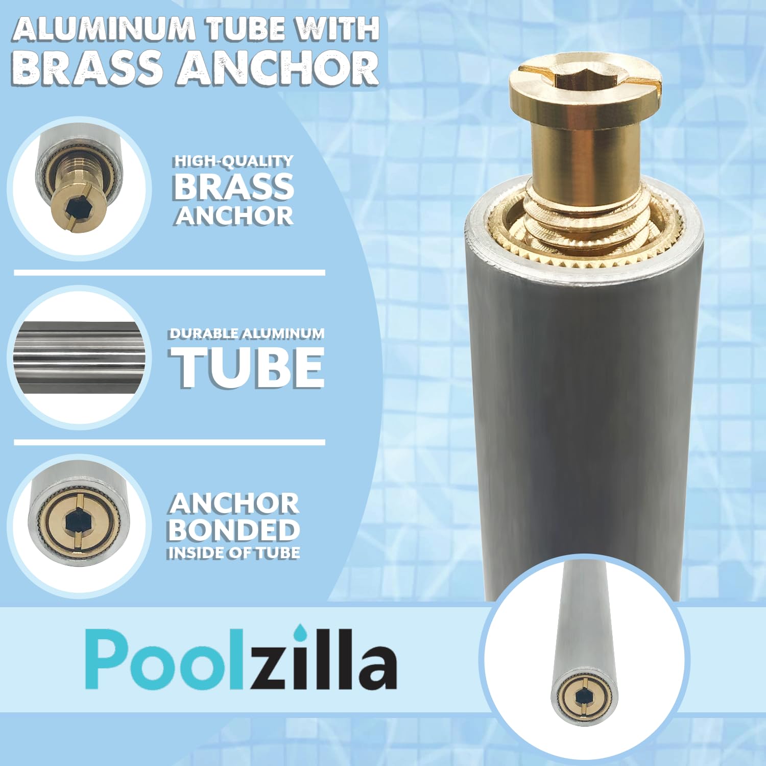 Poolzilla 5-pak aluminiowych rur 45 cm z mosiężną kotwicą do instalacji osłony bezpieczeństwa basenu, instalacja kotwicy do luźnego podłoża lub z kostki brukowej, bardzo długa
