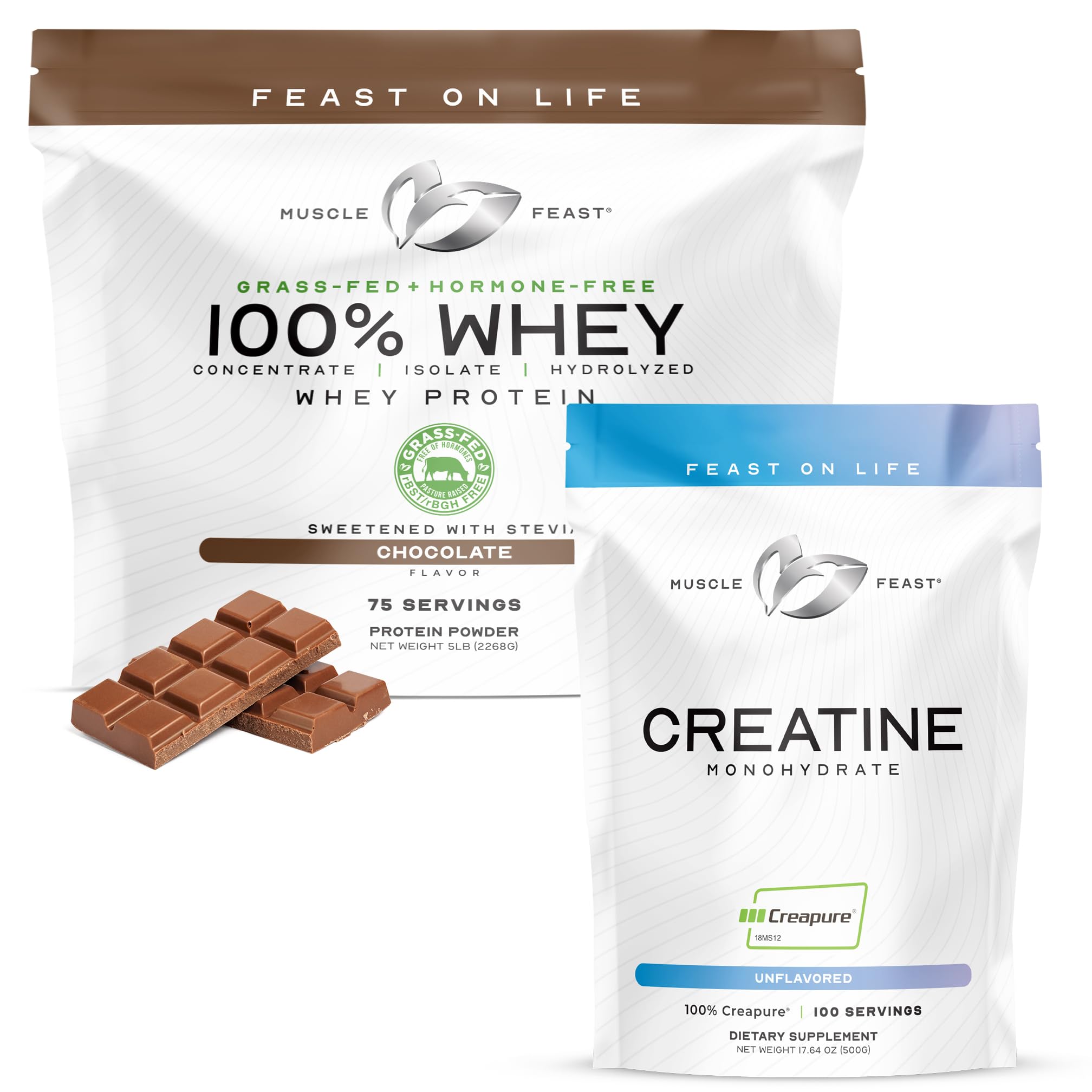 Muscle Feast Bundle – Creapure Creatine Monohydrate Powder Unflavored 500g (1 Unit) + Grass-Fed Whey Protein Blend Chocolate 5lb (1 Unit), All Natural Hormone-F