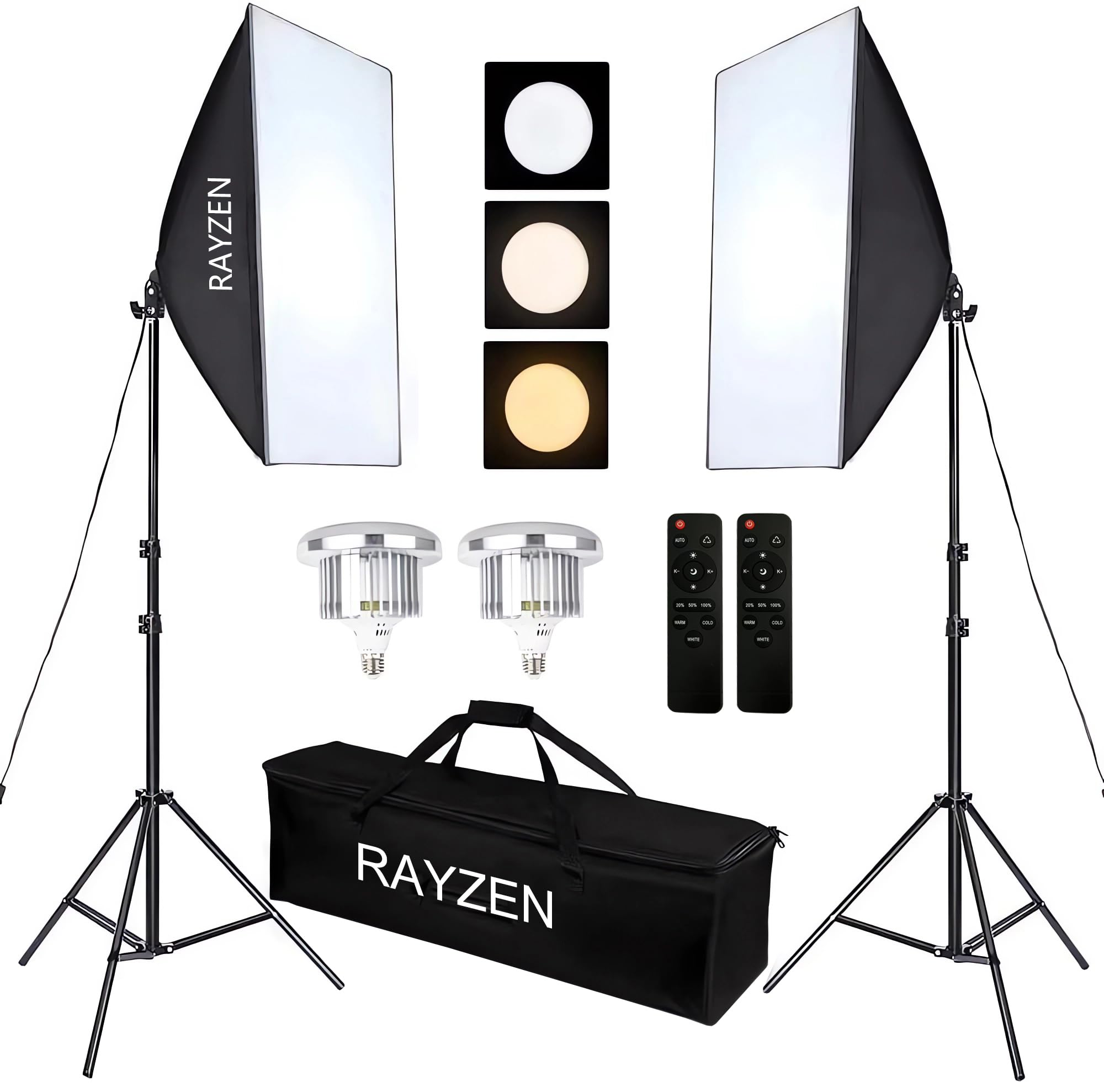 RAYZEN 三色LED ソフトボックス 照明キット 照明 撮影 3000K～6000K 白色光・自然光・暖色光モード リモコン付き 50×70cm 撮影用照明セット 2m三脚スタンド付属 スタジオ照明・ソフトボックス・定常光｜収納バッグ付き ポートレート撮影・スタジオ撮影・広告撮影・インタビュー撮影に最適 [PSE+METI取得済み]
