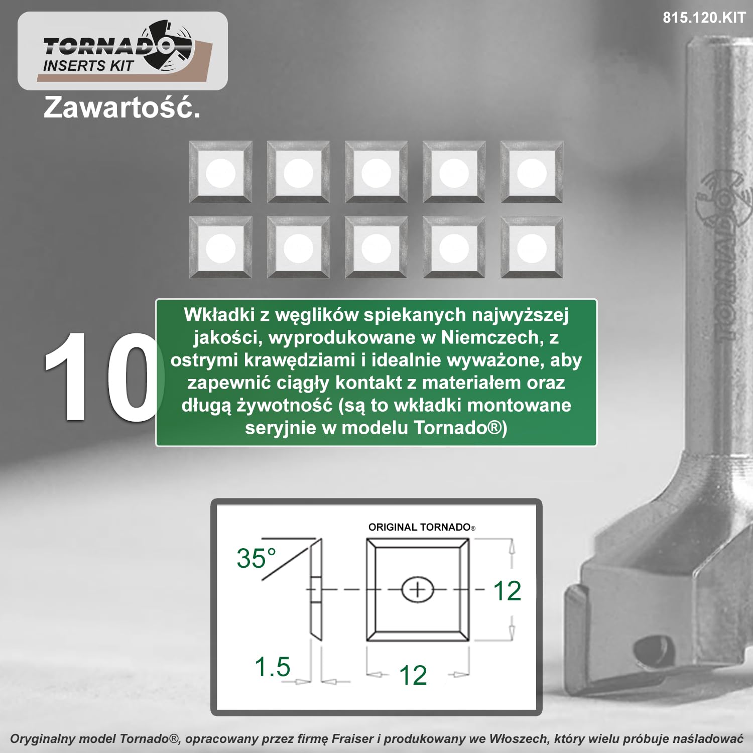 Fraiser Tornado zestaw zapasowy z 10 nożami / wkładkami z węglika spiekanego 12 mm, 3 śruby, klucz Torx T15 i Bittop - do frezu do frezowania trzpienia 12 mm