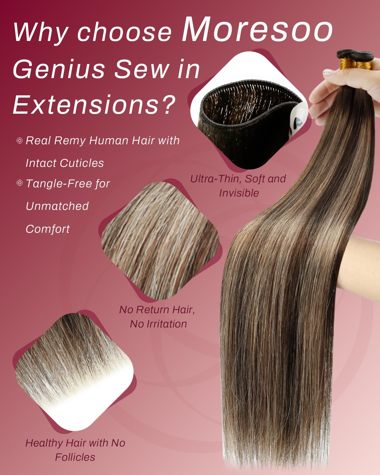 Moresoo Weft Hair Extensions Real Human Hair Medium Brown Highlighted Platinum Blonde Sew in Human Hair Extensions Brown to Blonde Full Head Remy Straight 18 Inch 100g/Pack #P6/60 — view 198