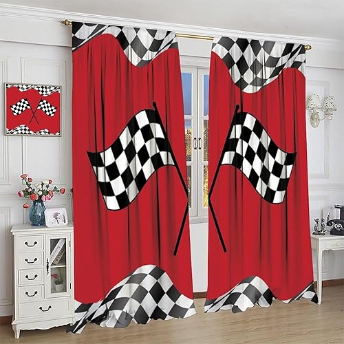 Miniatura 3 de Cortinas de coche de carreras para niños, con bandera de carreras, tratamientos de ventana roja para dormitorio, cuadros blancos y negros, cortinas