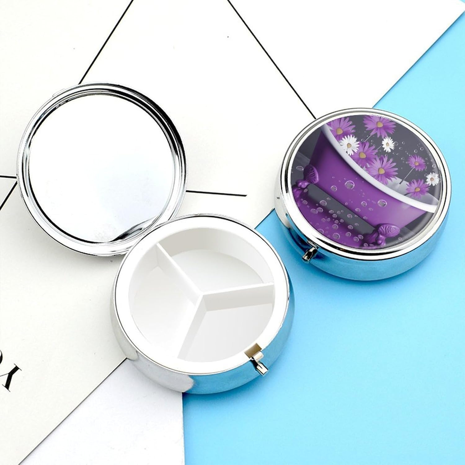 Round Silver Pill Box Small Pill Case for Purse and Pocket 3 Compartment