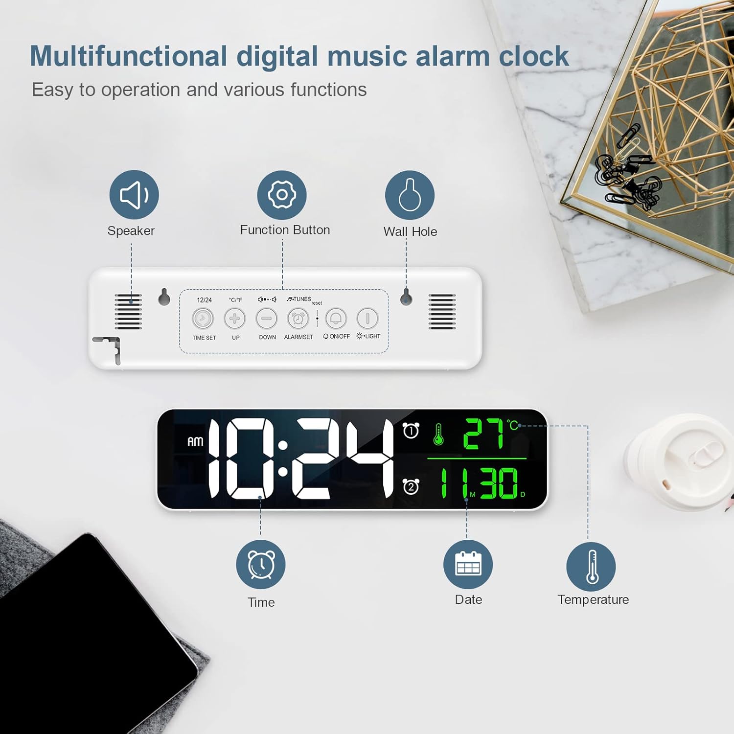 Back panel and display features of Ankilo WA123W Digital Alarm Clock