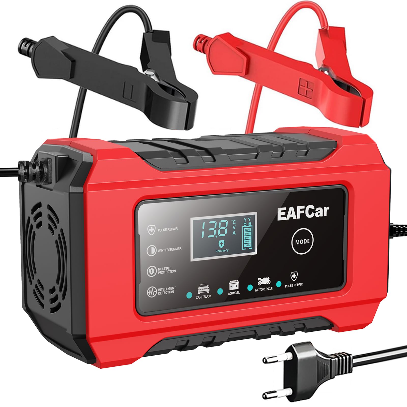 EAFCar 6A Autobatterie Ladegerät,12V Blei-Säure-Batterien Smart vollautomatische KFZ Batterieladegerät mit LCD-Bildschirm für Auto LKW Motorrad Rasenmäher Boot Marine Batterien