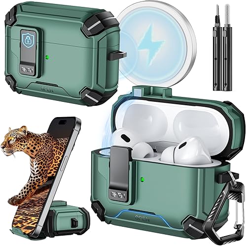 Inesore Funda compatible con AirPods Pro de 21 generación con soporte para teléfono y kit de limpieza, compatible con MagSafe, bloqueo automático
