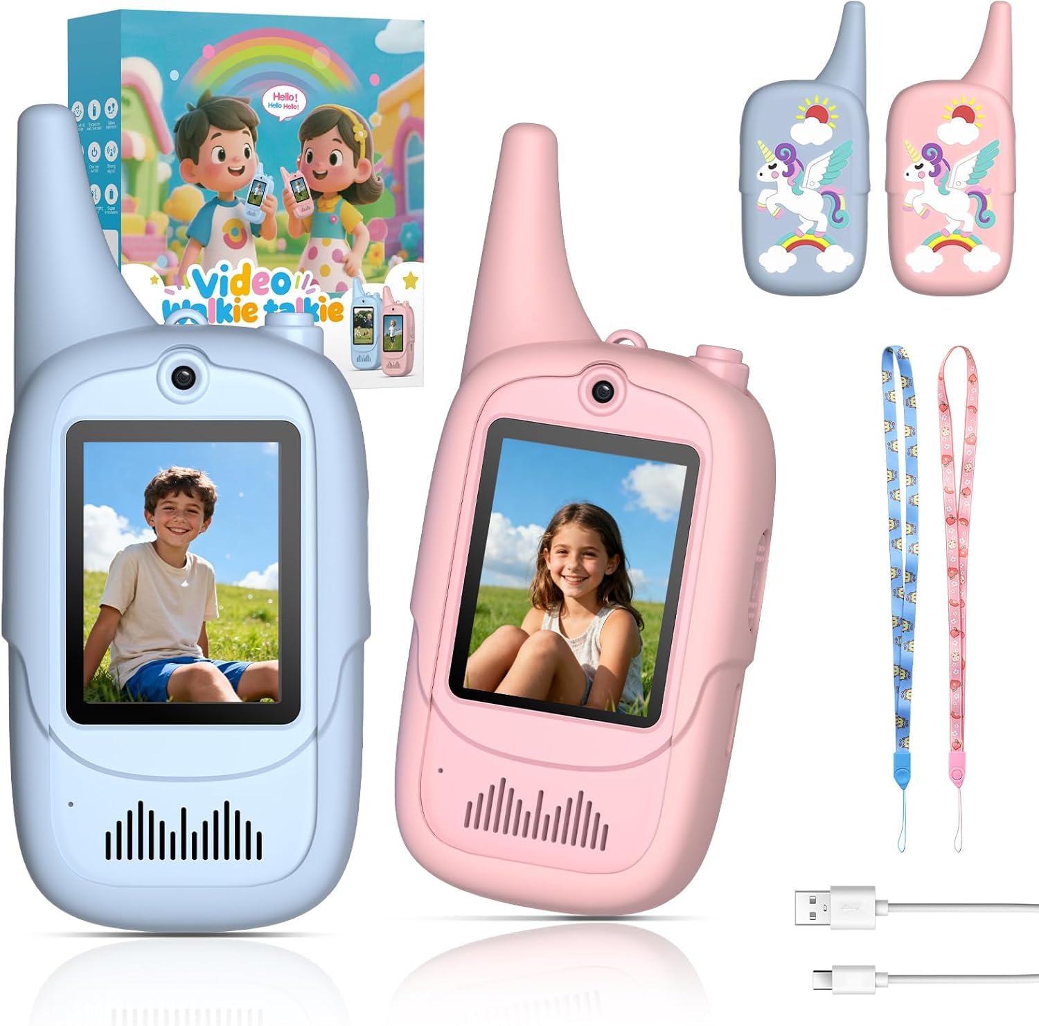 FUNYKICH 2PCS Video Walkie Talkies for Kids with Unicorn-themed Protective Case, Rechargeable Long Range Handheld Kids Camera Walkie Talkies for Games, Camping, Hiking for Boys Girls Ages 3-12