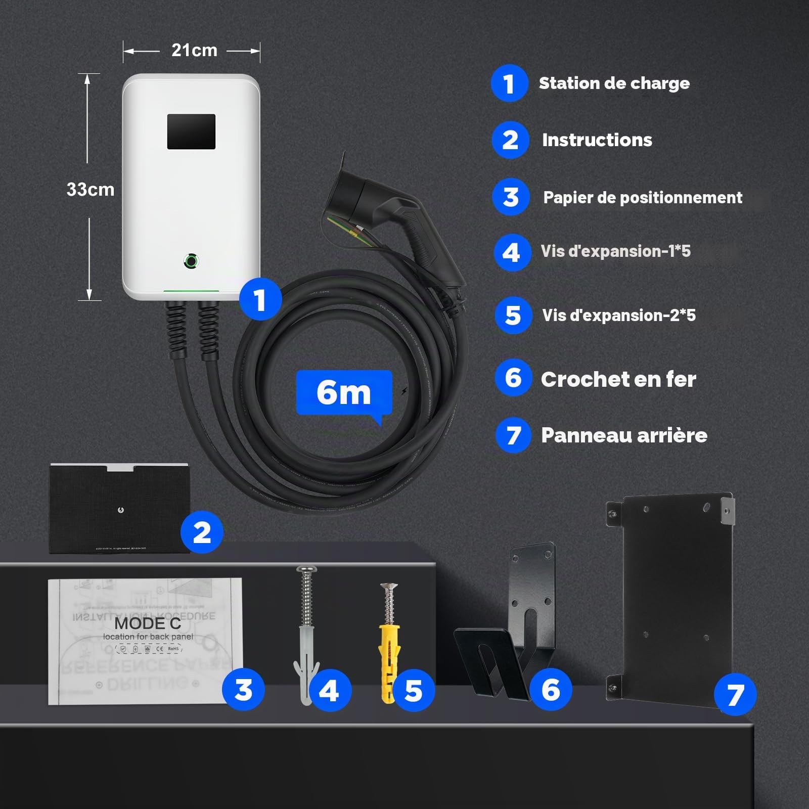 Morec Borne de Recharge Véhicules Électrique Type 2 32A 7KW 6M avec APP Prend en Charge la Connexion Standard Bluetooth et WiFi pour la Station de Charge, IEC 62196-2 Standard, RCD Type B