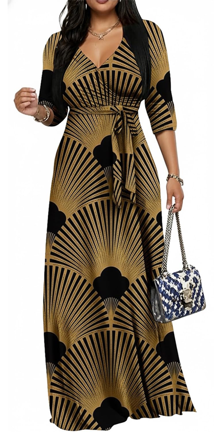 Women's Church Maxi Wrap V Neck 3/4 Sleeve Tie Waist Plus Size Long Dress