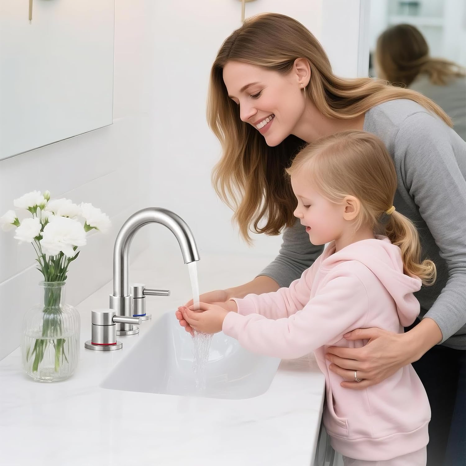 Bathroom Faucet 3 Hole, Brushed Nickel Bathroom Sink Faucet with Pop Up Drain, 8 inch Widespread Bathroom Faucet with 360° Swivel Spout, 2 Handle Vanity Faucet with Water Supply Hoses - Image 2