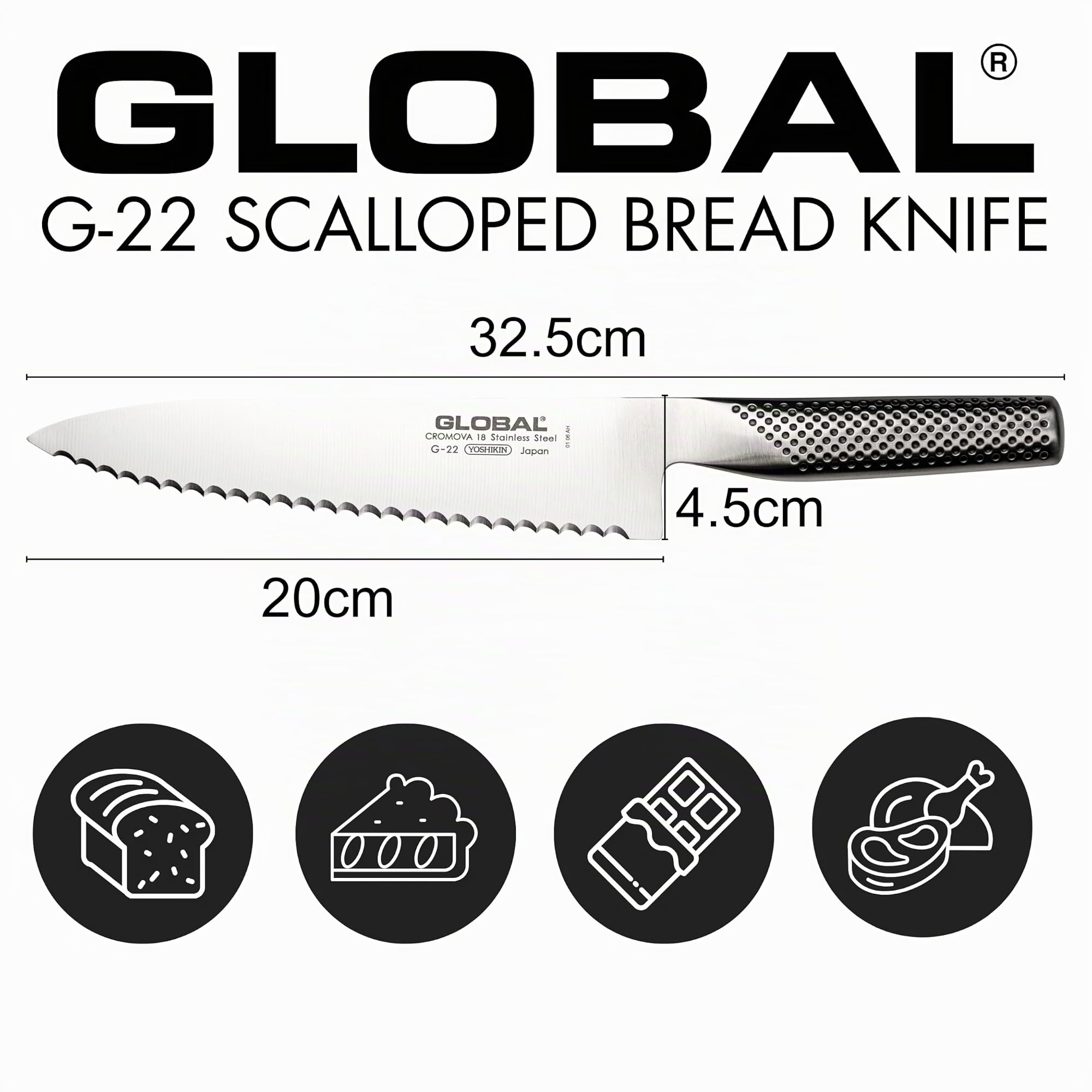 Global Knives G-22 - Cuchillo de pan festoneado con hoja de 20 cm, acero inoxidable CROMOVA 18