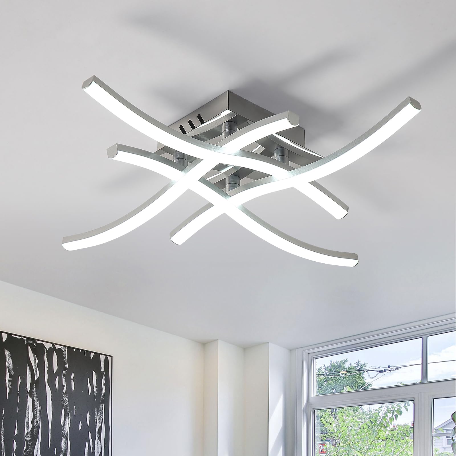 Goeco LED Ceiling Light, 24 W Modern Curved Chandelier with 4 LED Boards Cold White Light 6500K, Semi-Flash Ceiling Lamps for Bedroom Living Room Kitchen, Silver 18 inch * 18 inch
